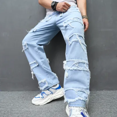 Men Fashion Casual Vintage Wide Leg Ripped Jeans