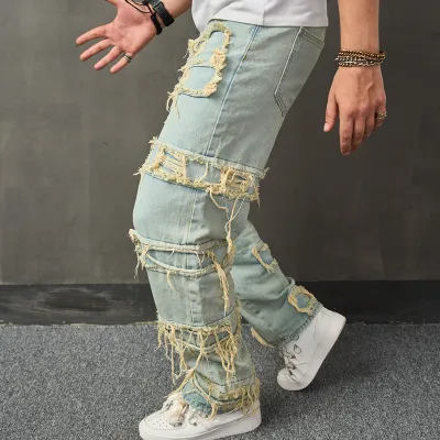 Men Fashion Casual Vintage Wide Leg Ripped Jeans
