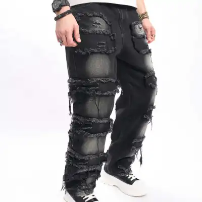 Men Fashion Casual Vintage Wide Leg Ripped Jeans