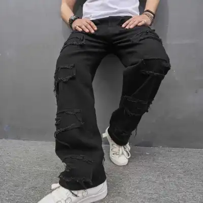 Men Fashion Casual Vintage Wide Leg Ripped Jeans