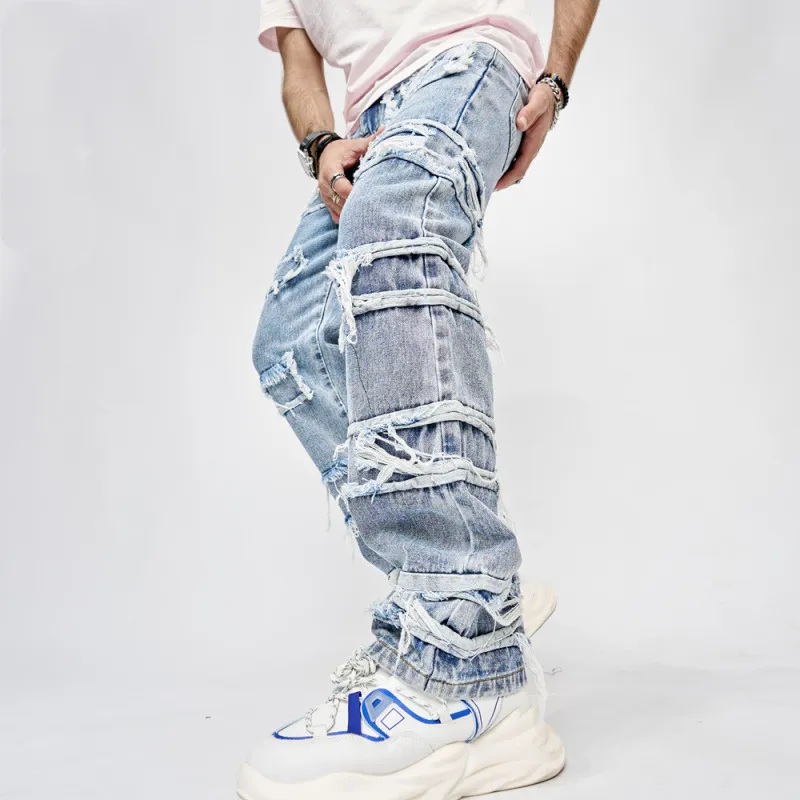 Men Fashion Casual Vintage Wide Leg Ripped Jeans