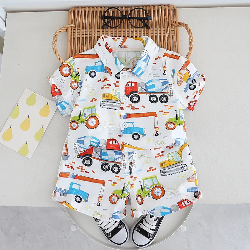 Kids Toddler Boys Casual Cute Cartoon Print Short Sleeve Lapel Shirt Shorts Set