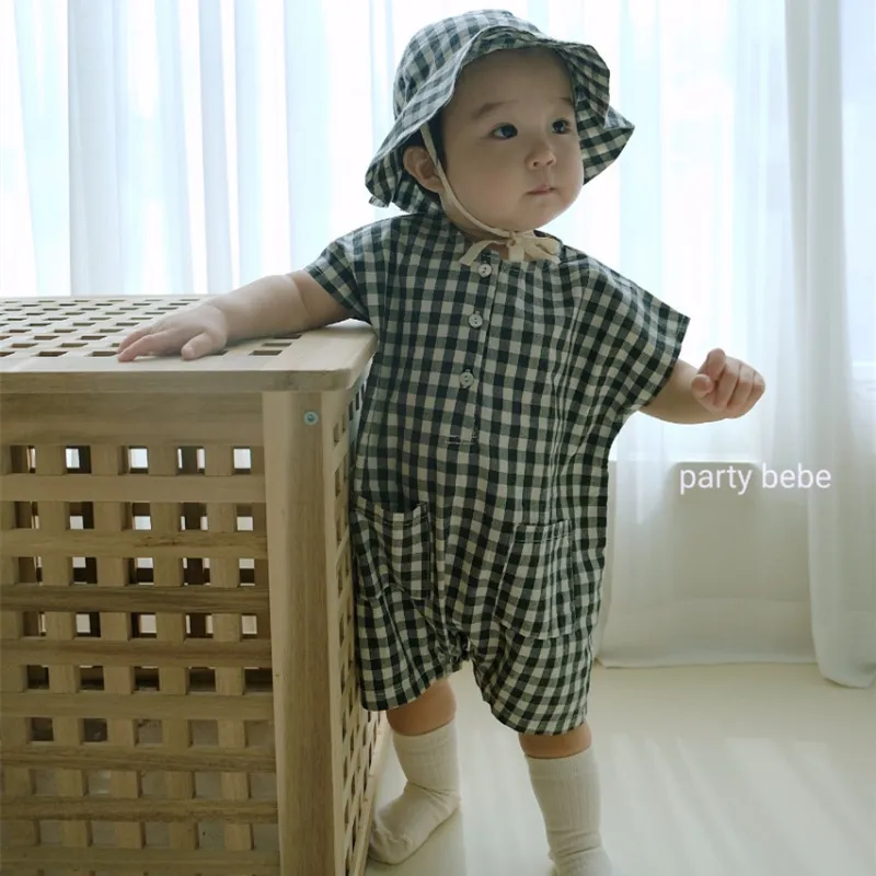 Kids Baby Boys Girls Summer Cute Solid Color Playd Print Short Sleeve Romper
