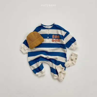 Kids Baby Boys Girls Casual Cute Letter Stripe Print Long Sleeve Romper Hidden Button Closure