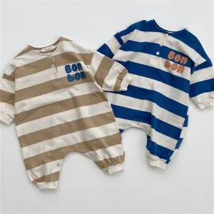 Kids Baby Boys Girls Casual Cute Letter Stripe Print Long Sleeve Romper Hidden Button Closure