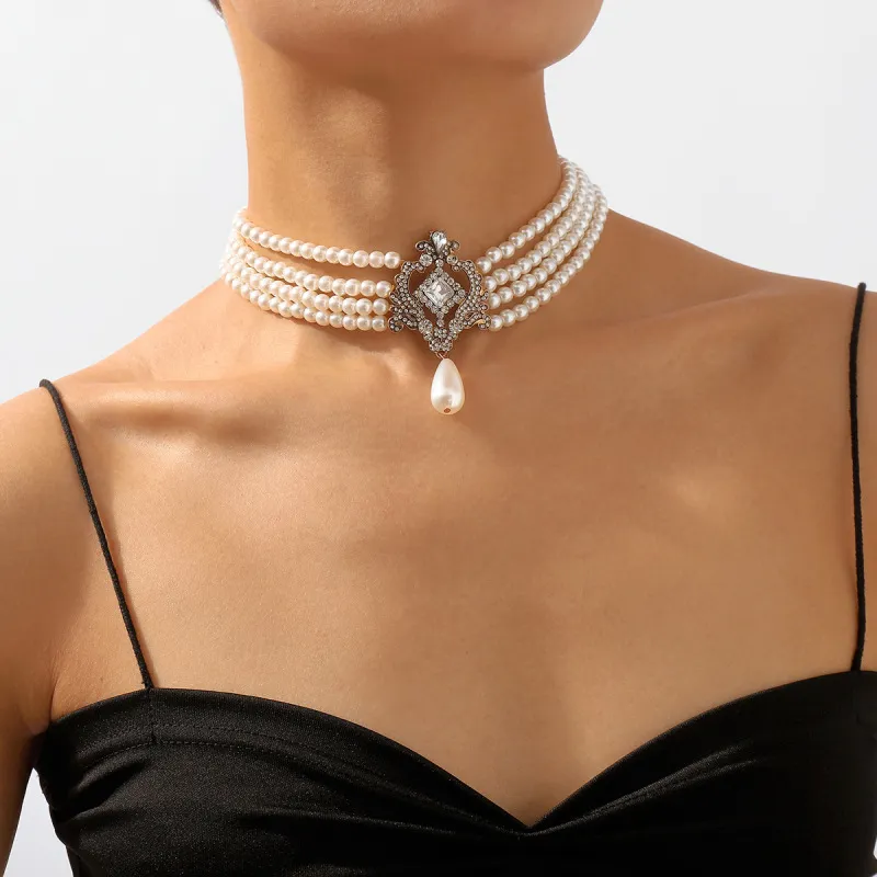 Retro Multilayer Geometric Pearl Necklace