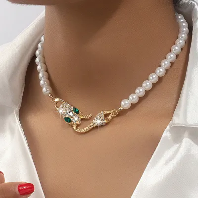 Creative Snake Tail Vintage Rhinestone Pearl Necklace