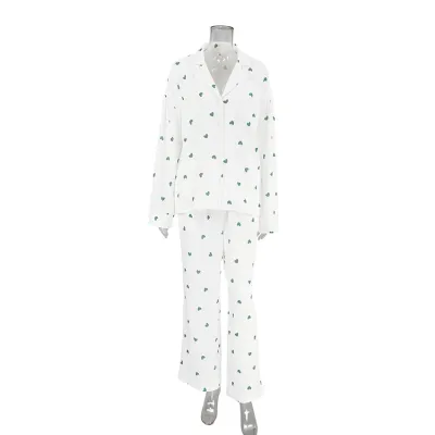 Women Casual Heart Print Long Sleeve Lapel Cardigan Top And Pants Pajamas Set