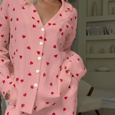 Women Casual Heart Print Long Sleeve Lapel Cardigan Top And Pants Pajamas Set