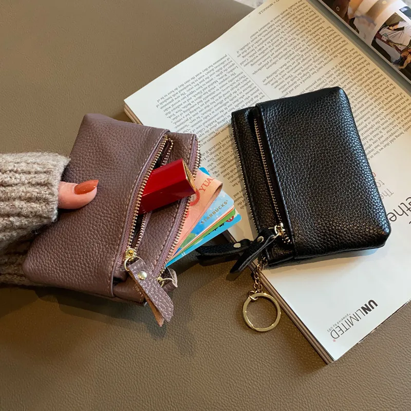 Women Fashion Simple Mini Zipper Genuine Leather Wallets