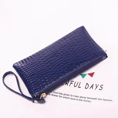 Women Simple Solid Color Stone Pattern Zipper Long Clutch Purses