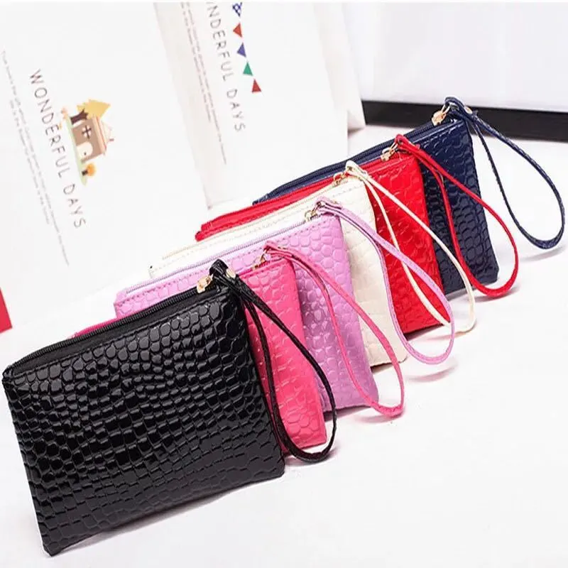 Women Simple Solid Color Stone Pattern Zipper Long Clutch Purses
