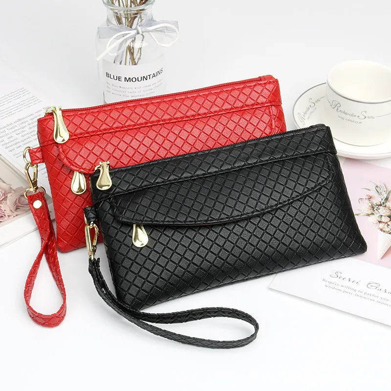 Women Fashion Casual Plaid Zipper Long PU Purse Bags