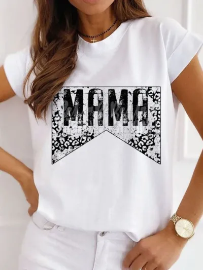 Mother Day Women Simple Solid Color Mama Letter Printing Round Neck Short-Sleeved T-Shirt