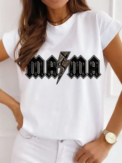 Mother Day Women Simple Solid Color Mama Letter Printing Round Neck Short-Sleeved T-Shirt