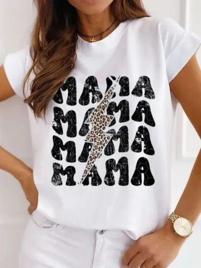 Mother Day Women Simple Solid Color Mama Letter Printing Round Neck Short-Sleeved T-Shirt