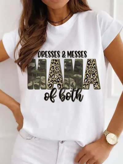 Mother Day Women Simple Solid Color Mama Letter Printing Round Neck Short-Sleeved T-Shirt