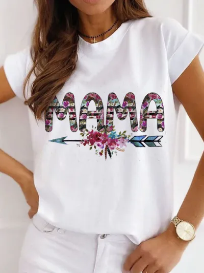 Mother Day Women Simple Solid Color Mama Letter Printing Round Neck Short-Sleeved T-Shirt