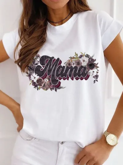 Mother Day Women Simple Solid Color Mama Letter Printing Round Neck Short-Sleeved T-Shirt