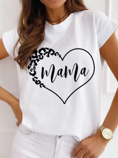Mother Day Women Simple Solid Color Mama Letter Printing Round Neck Short-Sleeved T-Shirt