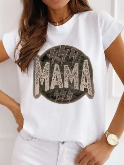 Mother Day Women Simple Solid Color Mama Letter Printing Round Neck Short-Sleeved T-Shirt