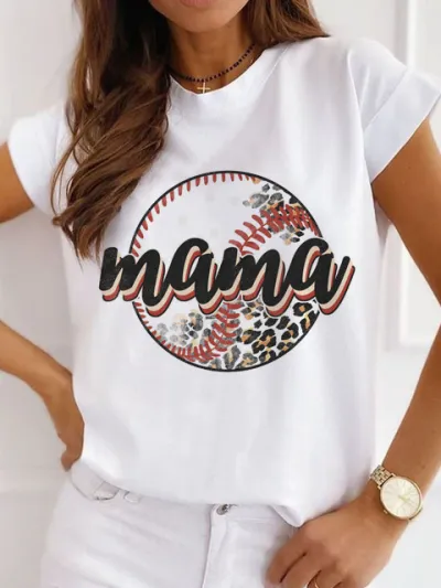 Mother Day Women Simple Solid Color Mama Letter Printing Round Neck Short-Sleeved T-Shirt