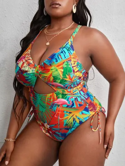 Women Fashion Sexy Plus Size Tropical Floral Printed Hollow Strap One-Piece Swimsuit