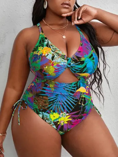 Women Fashion Sexy Plus Size Tropical Floral Printed Hollow Strap One-Piece Swimsuit