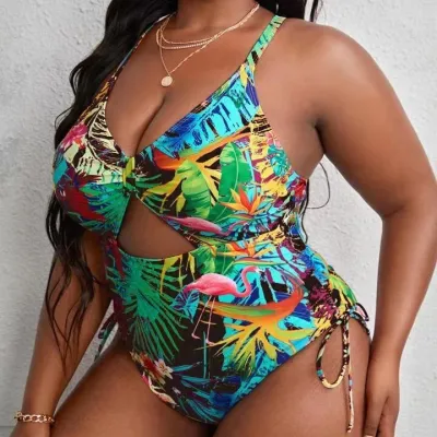 Women Fashion Sexy Plus Size Tropical Pattern Printed Hollow Strap One-Piece Swimsuit