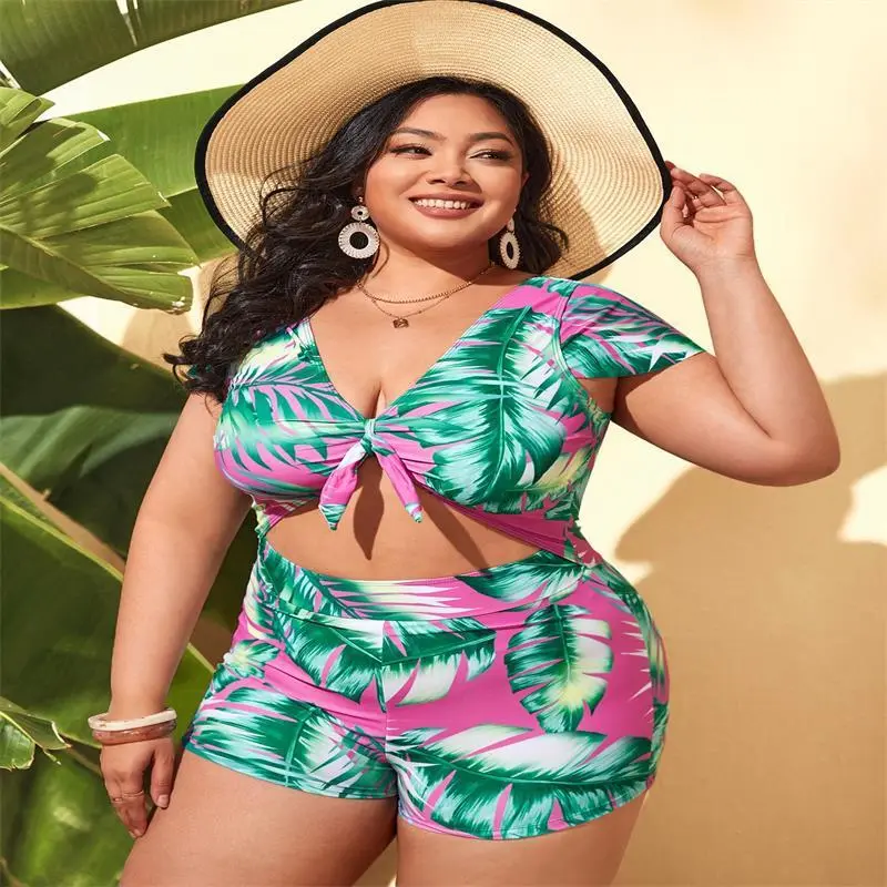 Women Fashion Sexy Plus Size Leaf Print Hollow Deep V Strap One-Piece Swimsuit