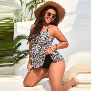Women Plus Size Sexy Leopard Print Deep V Strap High Waist Tankini Swimsuit Set