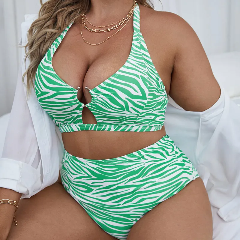 Women Plus Size Sexy Striped Lace-Up Backless High Waist Tankini Swimsuit Set