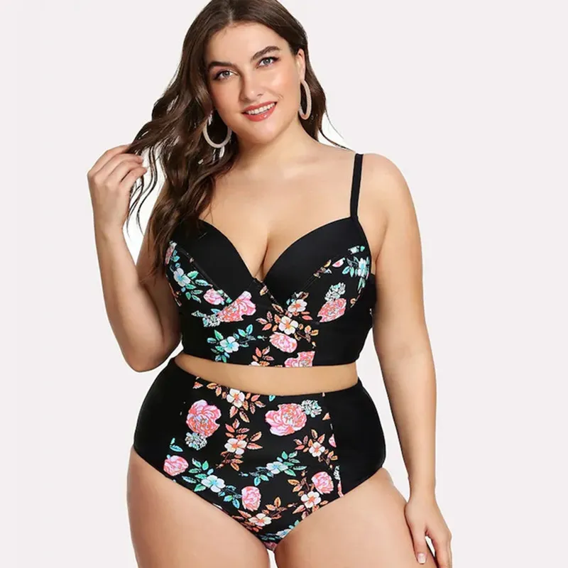Women Plus Size Floral Printed Sling High Waist Tankini Swimsuit Set