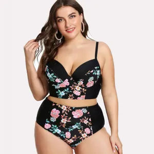 Women Plus Size Floral Printed Sling High Waist Tankini Swimsuit Set