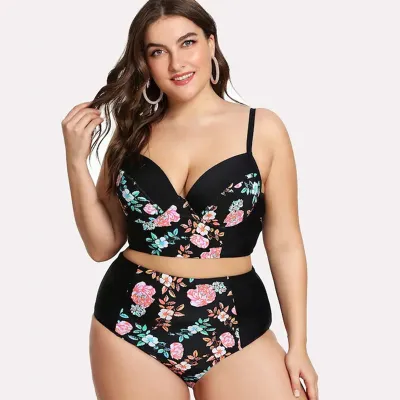 Women Plus Size Floral Printed Sling High Waist Tankini Swimsuit Set