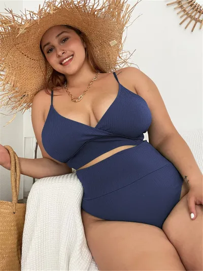 Women Plus Size High Waist V-Neck Tankini Swimsuit Set