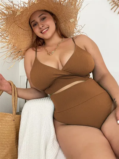 Women Plus Size High Waist V-Neck Tankini Swimsuit Set