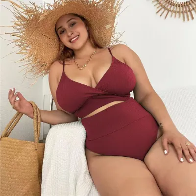 Women Plus Size High Waist V-Neck Tankini Swimsuit Set