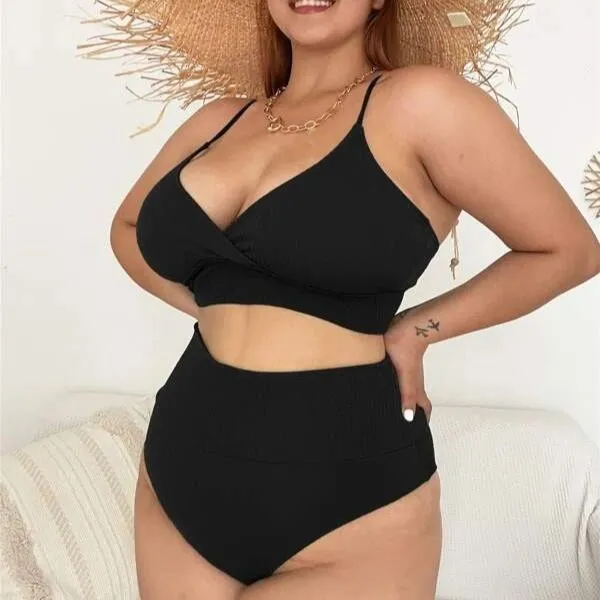 Women Plus Size High Waist V-Neck Tankini Swimsuit Set