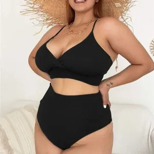 Women Plus Size High Waist V-Neck Tankini Swimsuit Set