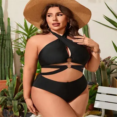 Women Plus Size Sexy Cross Halter Neck Backless Tankini Swimsuit Set
