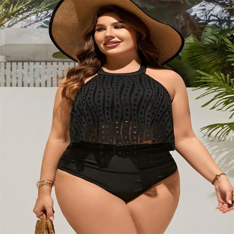 Women Plus Size Halter Neck Sleeveless Backless High Waist Tankini Swimsuit Set