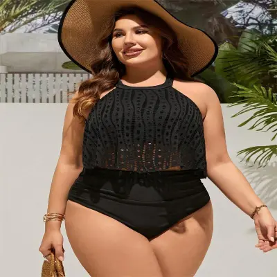 Women Plus Size Halter Neck Sleeveless Backless High Waist Tankini Swimsuit Set