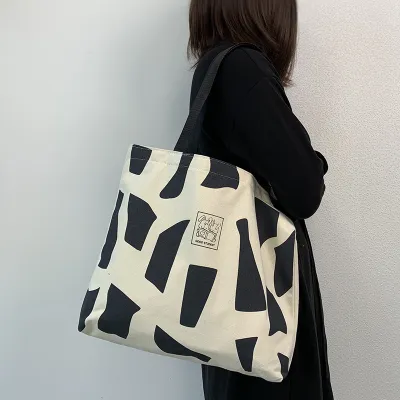 Women Fashion Casual Geometric Plaid Print Large Capacity Canvas Tote Bag