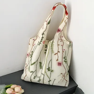 Women Fashion Embroidered Black Butterfly Lace Large Capacity Canvas Tote Bag