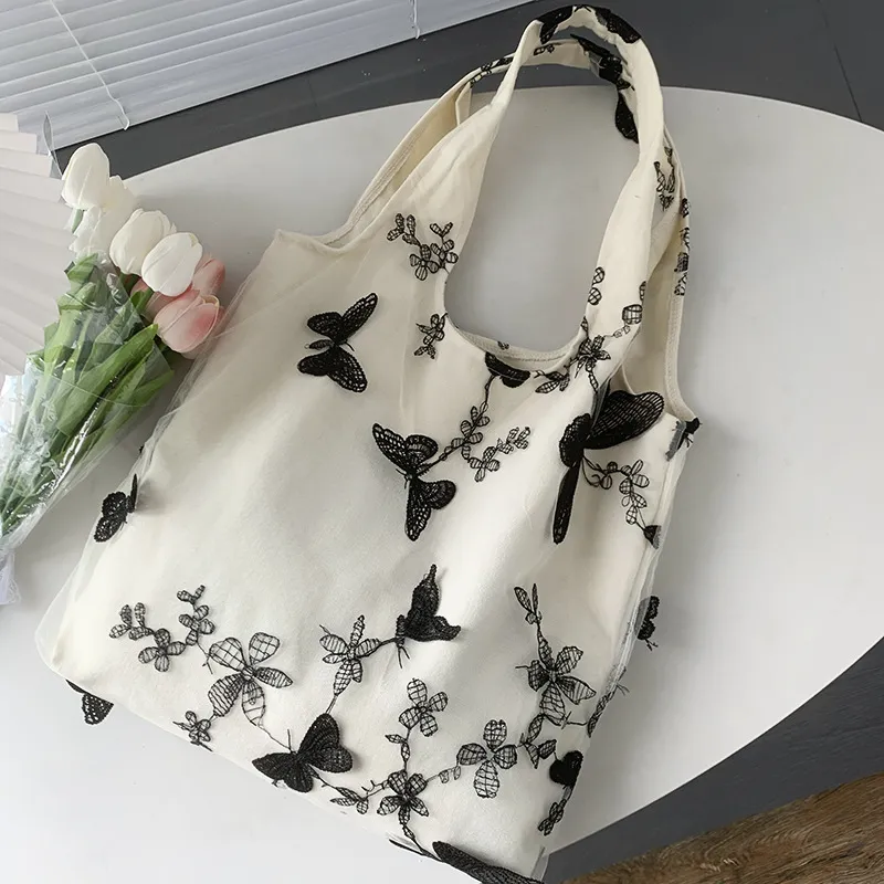 Women Fashion Embroidered Black Butterfly Lace Large Capacity Canvas Tote Bag