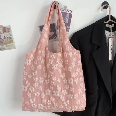 Women Simple Floral Lace Embroidered Large Capacity Nylon Tote Bag