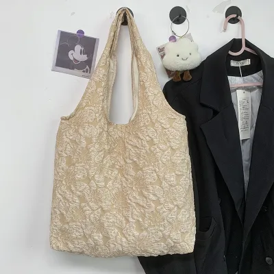 Women Simple Floral Lace Embroidered Large Capacity Nylon Tote Bag