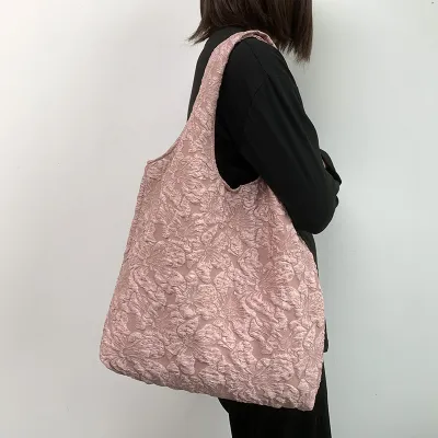 Women Simple Floral Lace Embroidered Large Capacity Nylon Tote Bag
