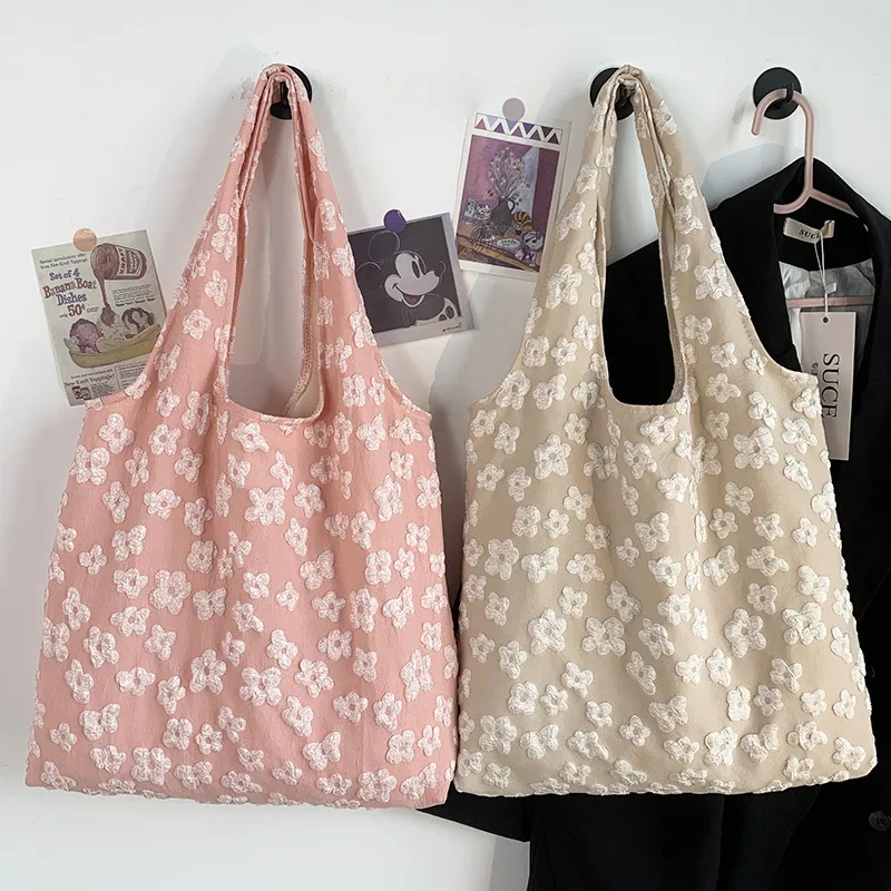 Women Simple Floral Lace Embroidered Large Capacity Nylon Tote Bag